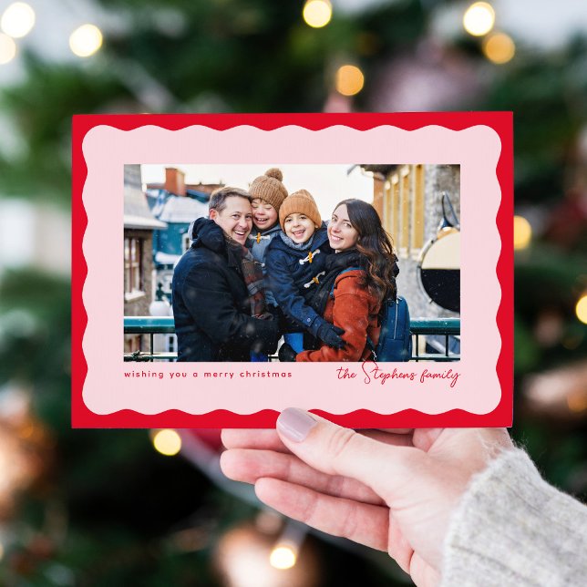 Retro pink red wavy frame Christmas photo Holiday Card (Creator Uploaded)