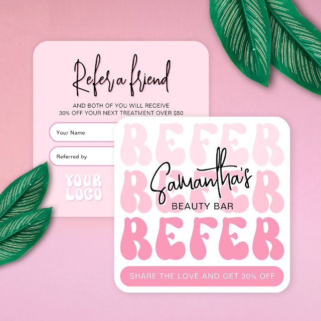 Retro Pink Refer a Friend Modern Logo Lash Salon Referral Card (Trendy Refer A Friend business card design with retro pink aesthetic and groovy fonts)