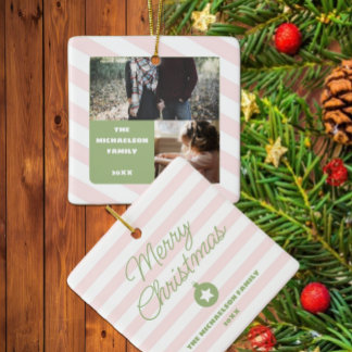Retro Pink & Sage Green 2 Photo Ceramic Ornament
