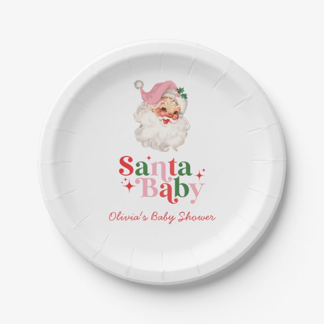 Retro Pink Santa Baby christmas baby shower Paper Plate (Front)