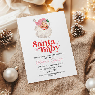 Retro Pink Santa Baby Holiday Baby Shower Invitation