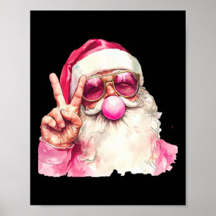 Retro Pink Santa Blowing Bubble Gum Funny Merry Ch Poster
