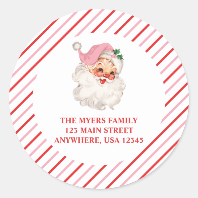 Retro Pink Santa christmas address label (Front)