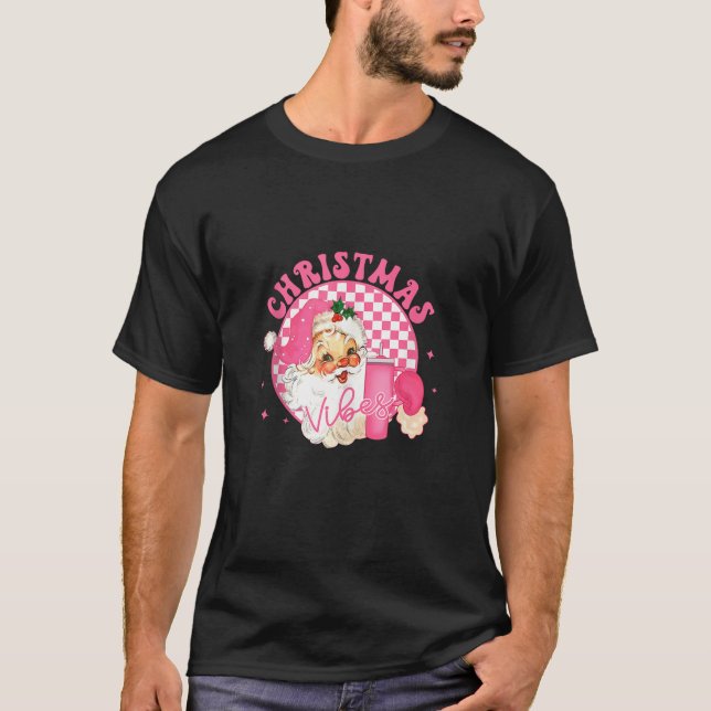 Retro Pink Santa Claus Christmas Vibes Trendy Sant T-Shirt (Front)
