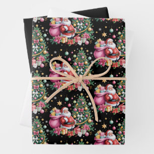 Retro Pink Santa Coquette Christmas Cute Tree Girl Wrapping Paper Sheet
