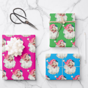 Retro Pink Santa Face Christmas Holiday gift Wrapping Paper Sheet