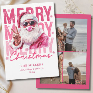 Retro Pink Santa Merry Christmas 3 Photo Family Holiday Card