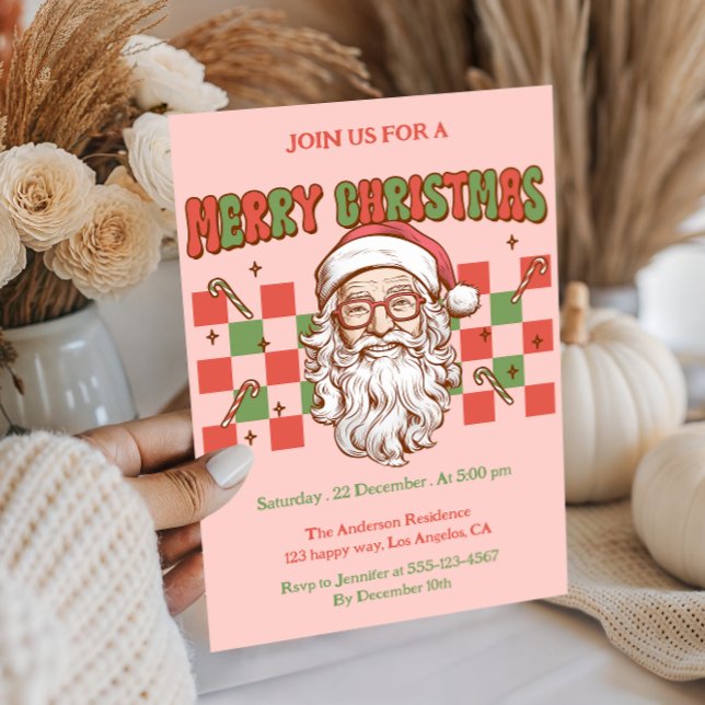 Retro Pink Santa Merry Christmas Party Invitation (Creator Uploaded)