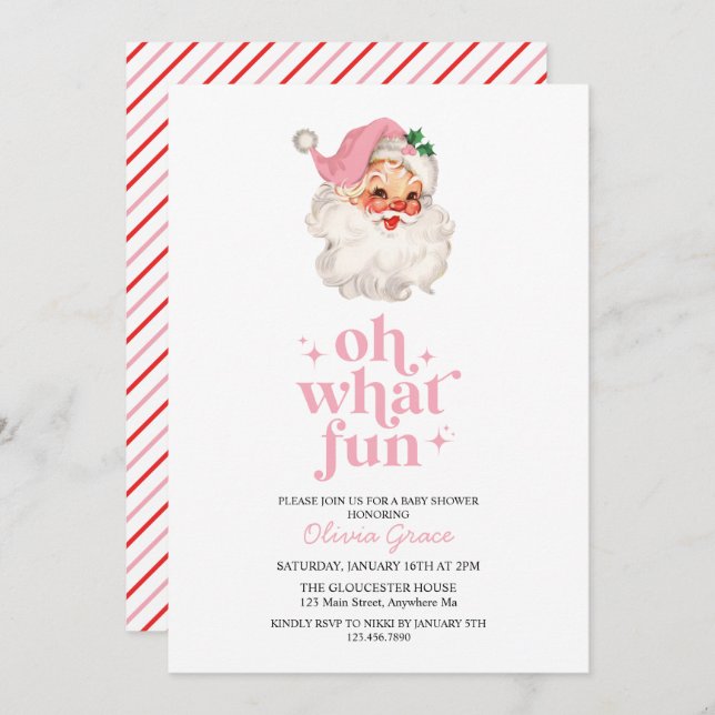 Retro Pink Santa oh what fun Baby Shower Invitation (Front/Back)
