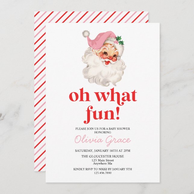 Retro Pink Santa oh what fun Baby Shower Invitation (Front/Back)