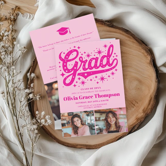 Retro Pink Script Stars 3-Photo Graduation Party Invitation (Retro Pink Script Stars 3-Photo Graduation Party Invitation)