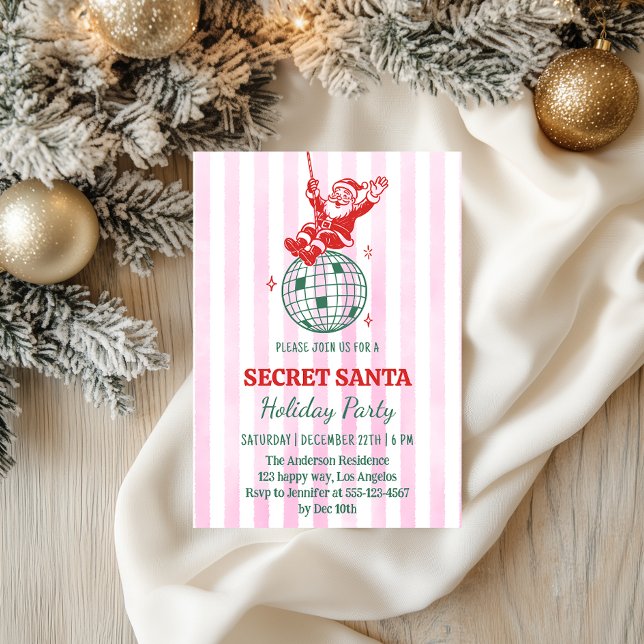 Retro Pink Secret Santa Disco Holiday Party        Invitation (Creator Uploaded)
