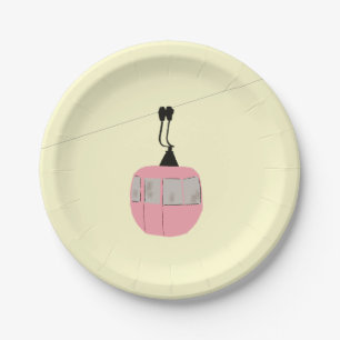 Retro Pink Ski Gondola Lift Skiers Cream Paper Plate