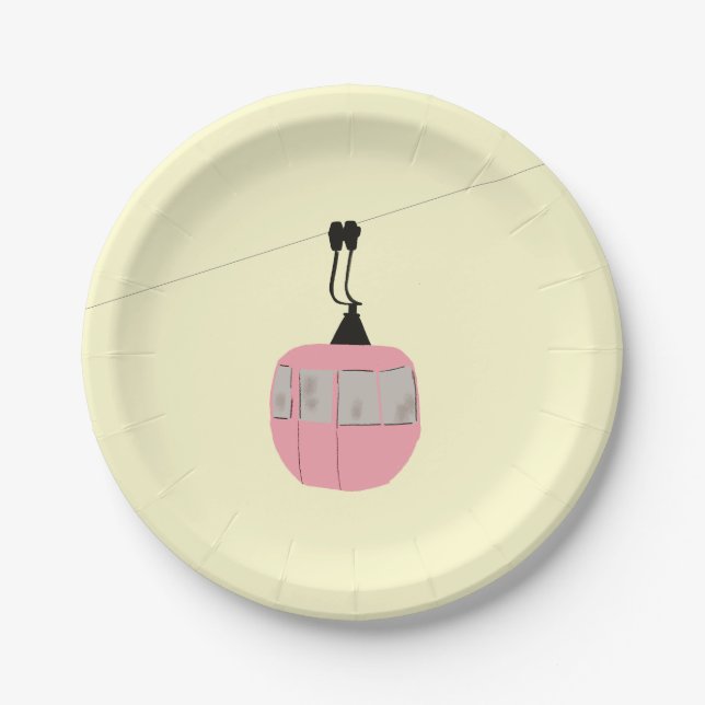 Retro Pink Ski Gondola Lift Skiers Cream Paper Plate (Front)