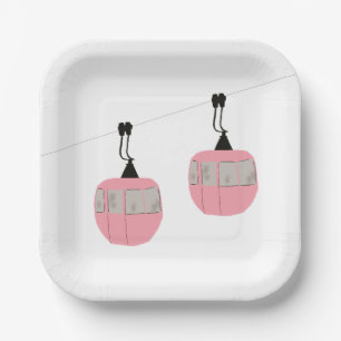 Retro Pink Ski Gondola Lift Skiers  Paper Plate