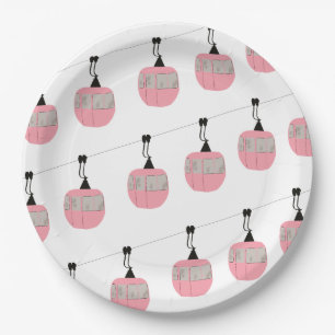 Retro Pink Ski Gondola Lift Skiers Paper Plate