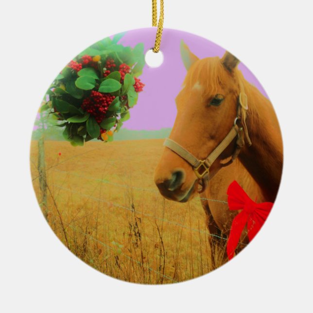 Retro pink sky Christmas Horse Ceramic Ornament (Front)