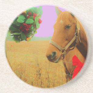 Retro pink sky Christmas Horse Coaster