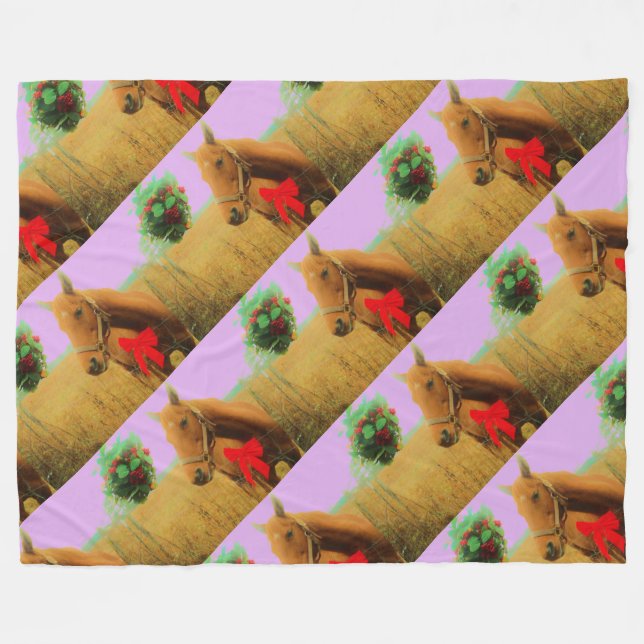 Retro pink sky Christmas Horse Fleece Blanket (Front (Horizontal))