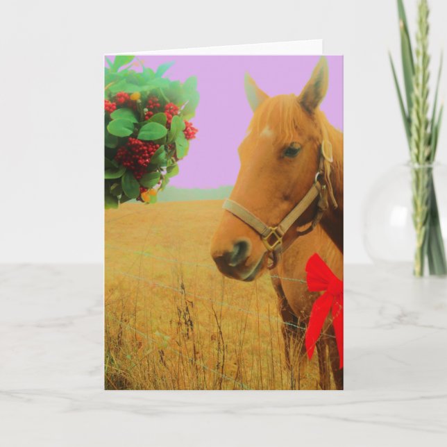 Retro pink sky Christmas Horse Holiday Card (Front)