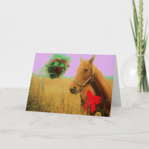 Retro pink sky Christmas Horse Holiday Card