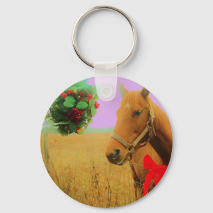 Retro pink sky Christmas Horse Key Ring