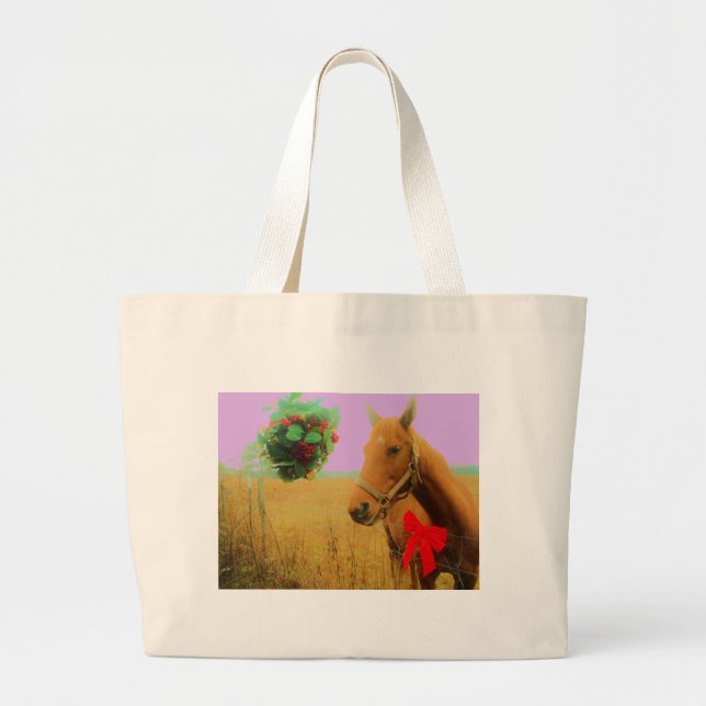 Retro pink sky Christmas Horse Large Tote Bag (Front)