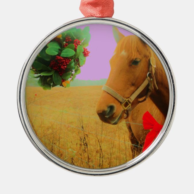 Retro pink sky Christmas Horse Metal Ornament (Front)