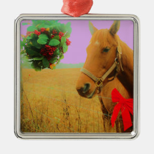Retro pink sky Christmas Horse Metal Ornament