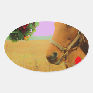 Retro pink sky Christmas Horse Oval Sticker