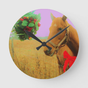 Retro pink sky Christmas Horse Round Clock