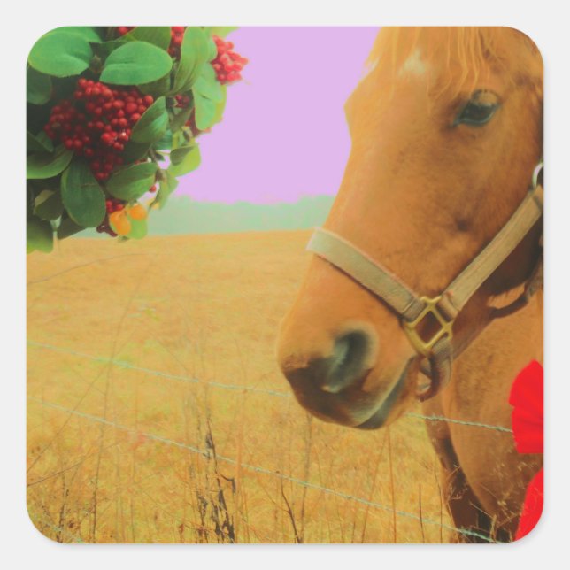 Retro pink sky Christmas Horse Square Sticker (Front)