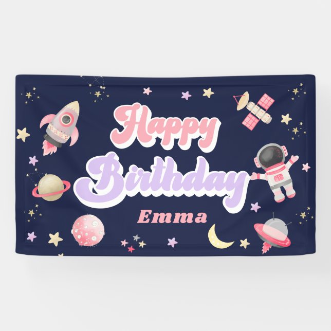 Retro Pink Space Happy Birthday  Banner (Horizontal)