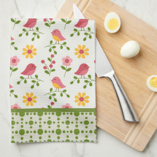 Retro Pink Spring Birds Panel  Tea Towel