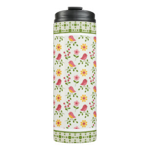 Retro Pink Spring Birds Panel Thermal Tumbler