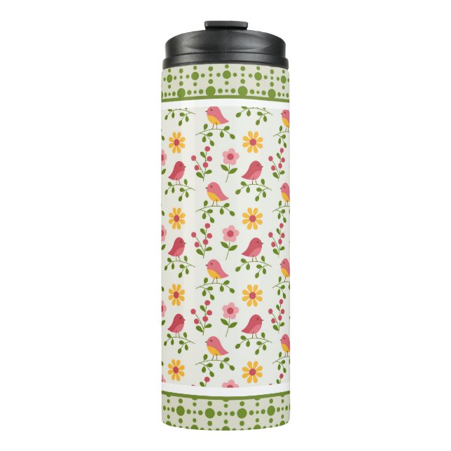Retro Pink Spring Birds Panel Thermal Tumbler (Front)