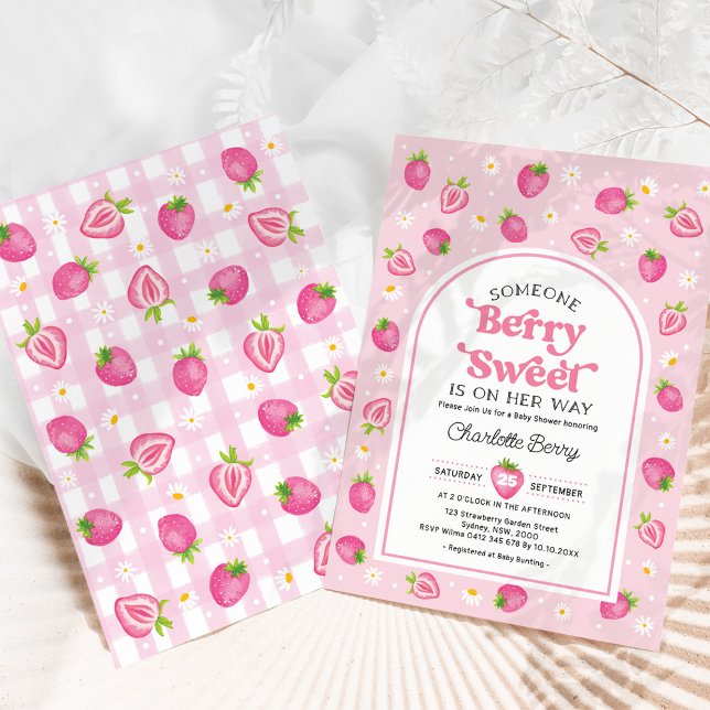 Retro Pink Strawberry Berry Sweet Girl Baby Shower Invitation (Creator Uploaded)