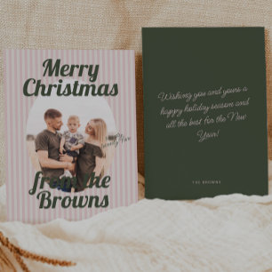 Retro Pink Stripes Boho Oval Photo Christmas Holiday Card