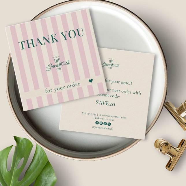 Retro Pink Stripes Green Bakery Logo Thank You  Square Business Card (Creator Uploaded)