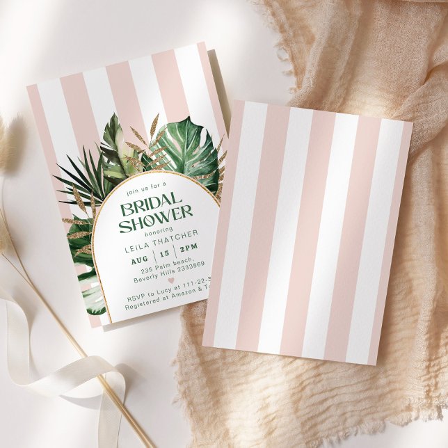 Retro pink stripes palm beach bridal shower invitation (Creator Uploaded)