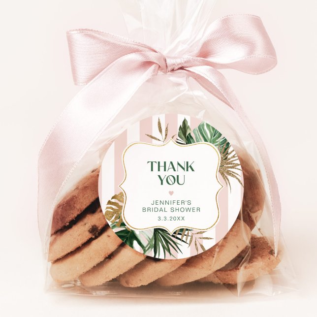 Retro pink stripes tropical bridal shower classic round sticker (Creator Uploaded)