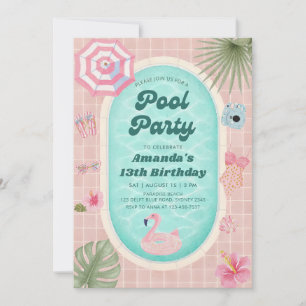 Retro Pink Summer Pool Party Birthday Invitation