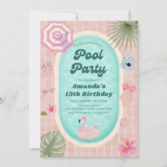 Retro Pink Summer Pool Party Birthday Invitation (Front)