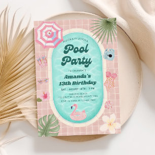 Retro Pink Summer Pool Party Birthday Invitation