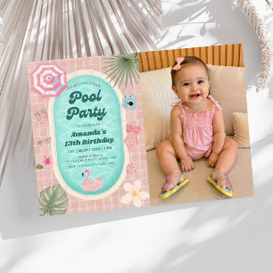 Retro Pink Summer Pool Party Birthday Photo Invitation