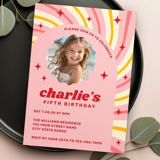 Retro pink sunburst red stars arch birthday party invitation (Retro pink sunburst red stars arch birthday party invitation)