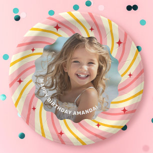 Retro pink sunburst red stars happy birthday party paper plate