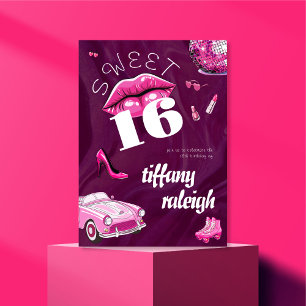 Retro Pink Sweet 16 Birthday Party Invitation