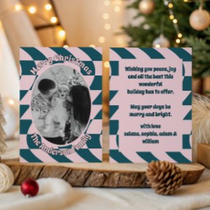 Retro Pink & Teal Wavy Chequerboard Family Photo Holiday Card