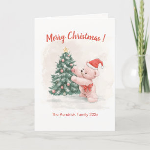 Retro Pink Teddy Bear Christmas Card